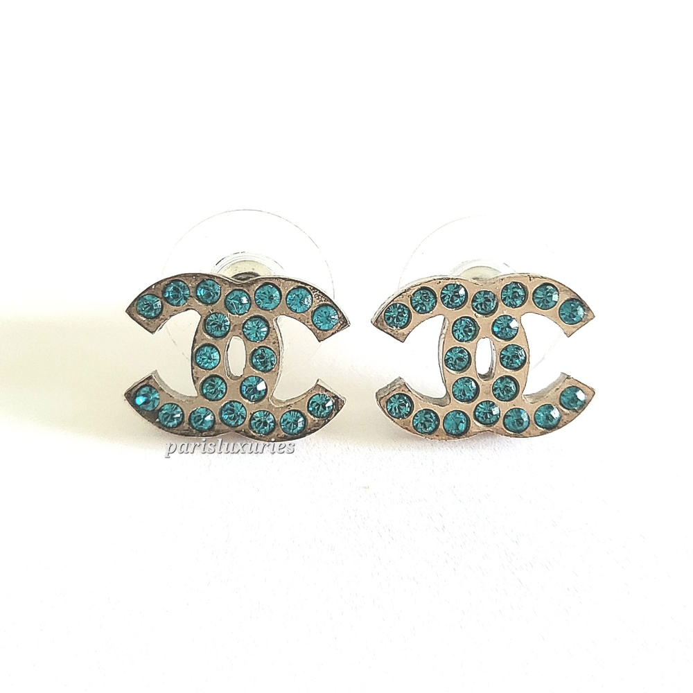 CHANEL Small Crystal Silver CC Turquoise Blue Green Rhinestone Studs Earrings